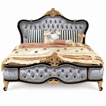 Regent Baroque Royal Tufted Velvet Bed – Gold & Ice Blue