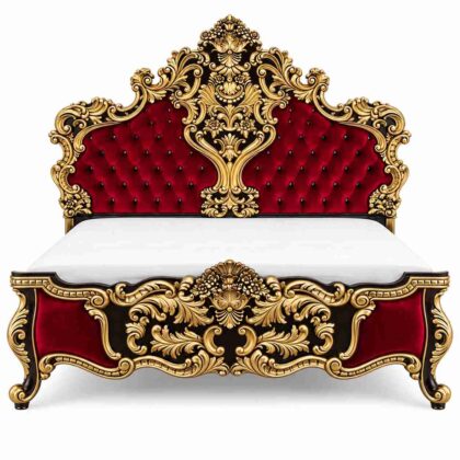 Regent Imperial Baroque Gilded Filigree Tufted Velvet Bed – Antique Gold & Royal Maroon