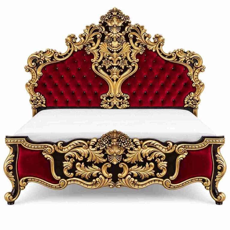 Regent Imperial Baroque Gilded Filigree Tufted Velvet Bed – Antique Gold & Royal Maroon