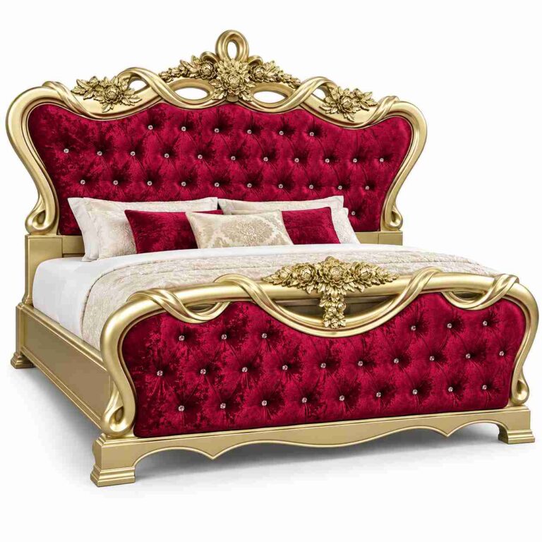 Regent Baroque Royal Gilded Crystal Tufted Velvet Bed – Antique Gold & Crimson Red
