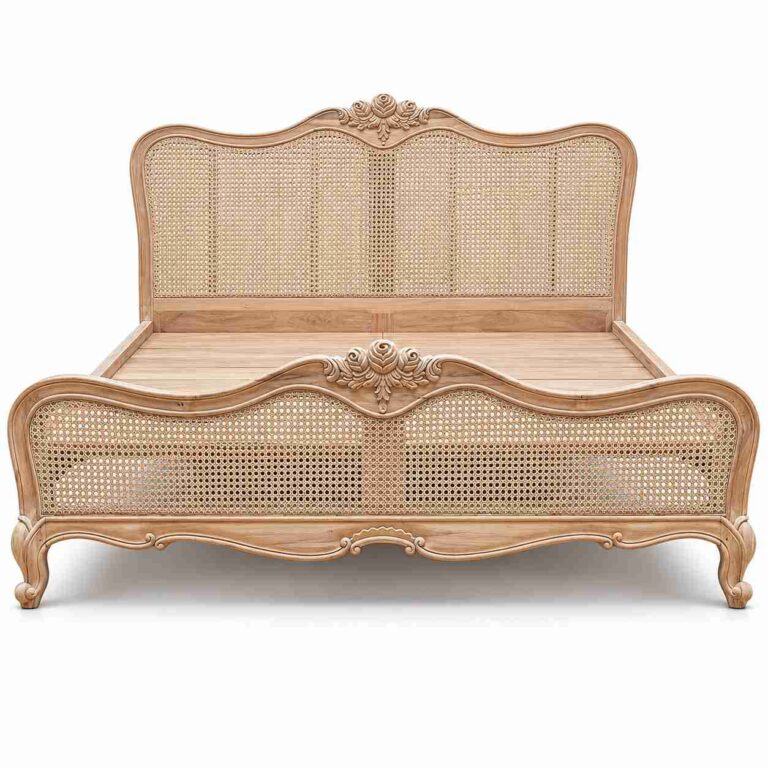 Regent French Country Solid Wood Cane Bed – Natural Oak & Rattan