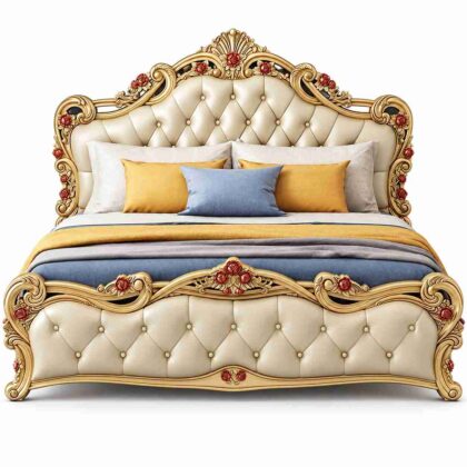 Regent Versailles Gilded Floral Carved Tufted Bed – Antique Gold & Champagne