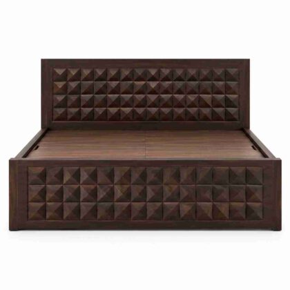 Regent Geometric Block Solid Wood Bed with Storage – Dark Walnut