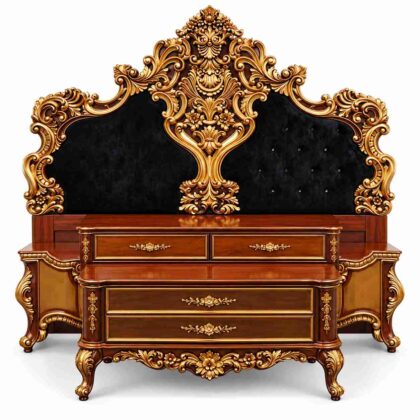 Regent Imperial Rococo Hand-Carved Tufted Bed – Antique Gold & Midnight Black