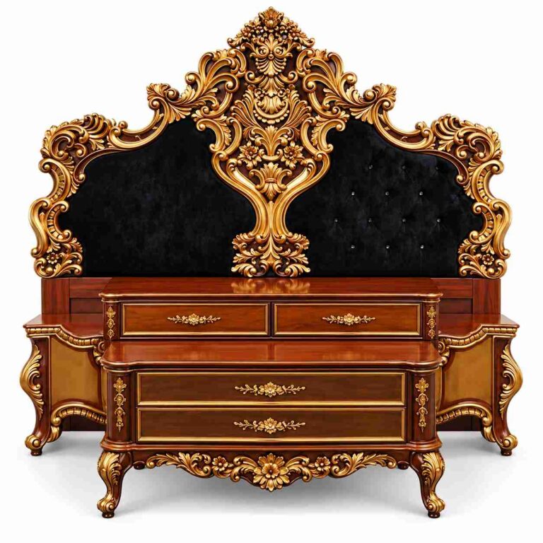 Regent Imperial Rococo Hand-Carved Tufted Bed – Antique Gold & Midnight Black