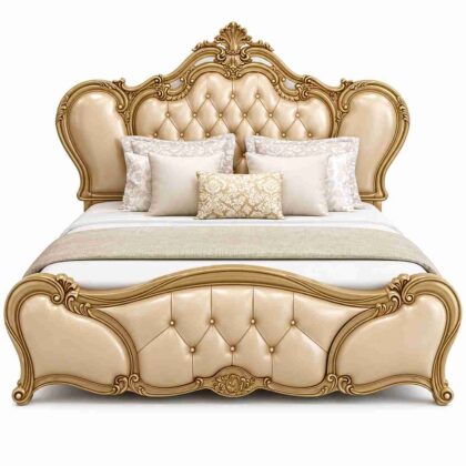 Regent Versailles French Rococo Tufted Leather Bed – Champagne Gold & Cream
