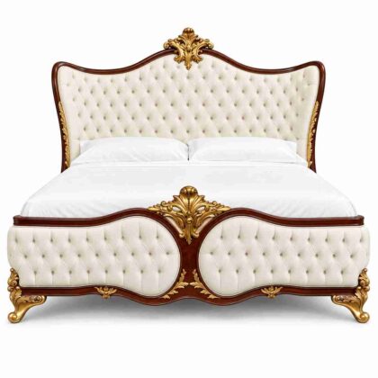 Regent Versailles French Rococo Tufted Leather Bed – Mahogany & Ivory Gold