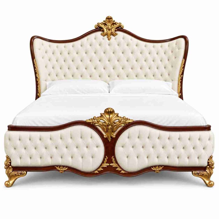 Regent Versailles French Rococo Tufted Leather Bed – Mahogany & Ivory Gold