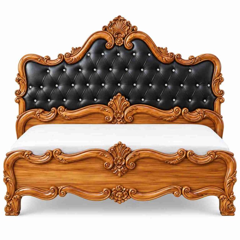 Regent French Provincial Carved Solid Wood Tufted Bed – Honey Teak & Onyx Black