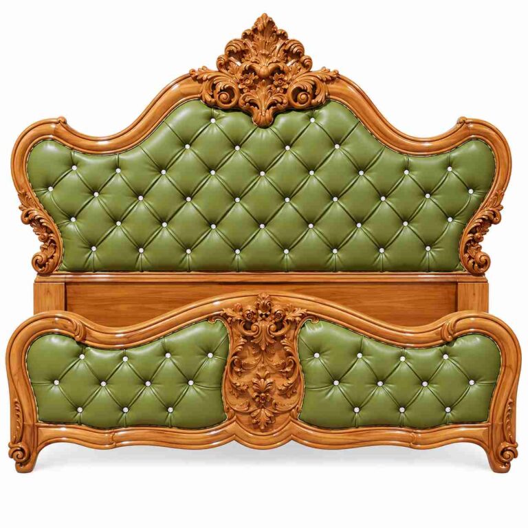 Regent Versailles French Rococo Hand-Carved Tufted Bed – Honey Teak & Olive Green