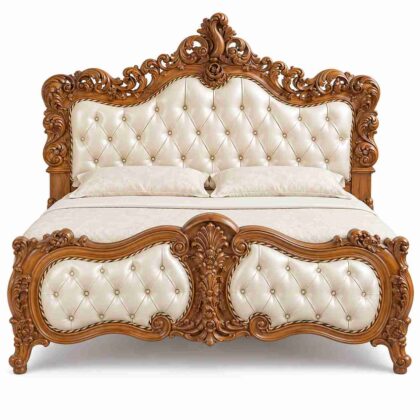 Regent Versailles French Rococo Hand-Carved Tufted Bed – Honey Teak & Pearl Ivory