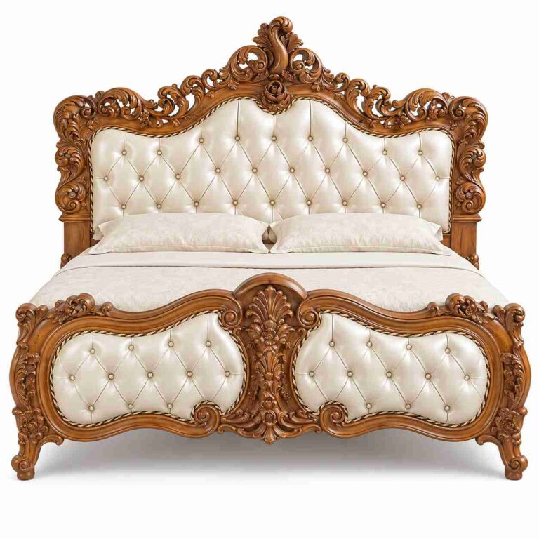 Regent Versailles French Rococo Hand-Carved Tufted Bed – Honey Teak & Pearl Ivory