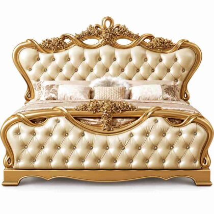 Regent Imperial Royal Gilded Tufted Bed – Antique Gold & Champagne Pearl