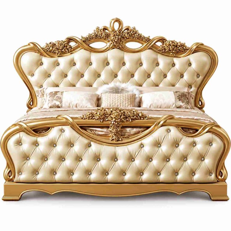 Regent Imperial Royal Gilded Tufted Bed – Antique Gold & Champagne Pearl