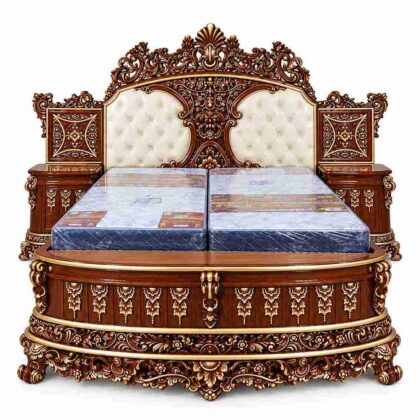 Regent Imperial Royal Rococo Carved Bed with Nightstands – Dark Mahogany & Gold