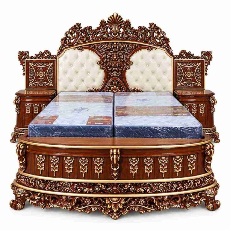 Regent Imperial Royal Rococo Carved Bed with Nightstands – Dark Mahogany & Gold