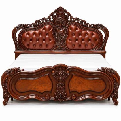 Regent Imperial Victorian Hand-Carved Leather Bed – Dark Mahogany & Chestnut