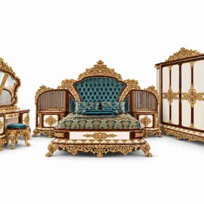 Imperial Baroque Royal Carved Bedroom Suite – Gold & Teal
