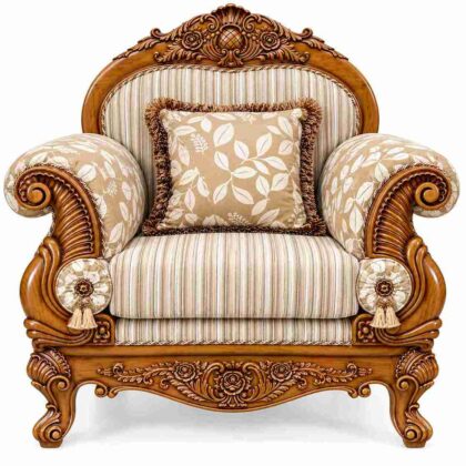 Regent Heritage Victorian Hand-Carved Accent Armchair – Honey Teak, Taupe Stripe & Leaf Motif