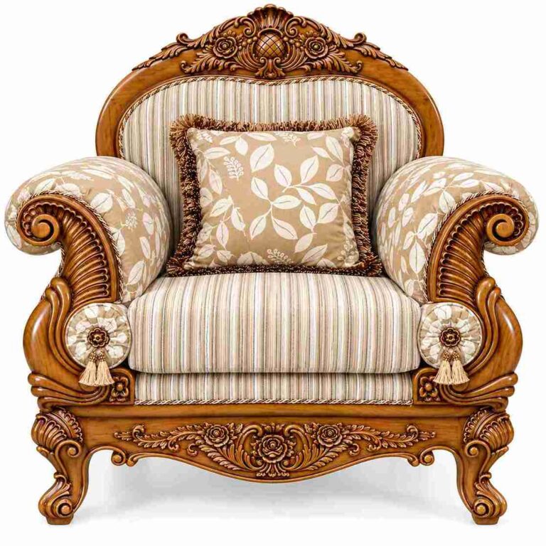 Regent Heritage Victorian Hand-Carved Accent Armchair – Honey Teak, Taupe Stripe & Leaf Motif