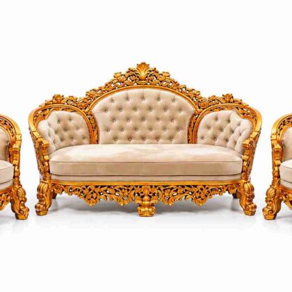 Regent Imperial Baroque Gilded Tufted Velvet Living Suite – Bright Gold & Champagne Beige