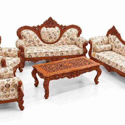 Regent Heritage Solid Teak Hand-Carved Living Suite with Chaise Lounge – Honey Teak & Cream Floral Jacquard