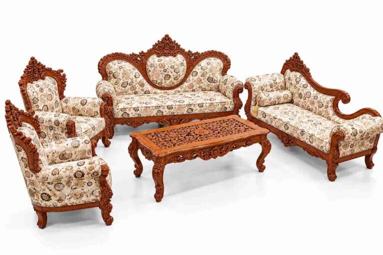 Regent Heritage Solid Teak Hand-Carved Living Suite with Chaise Lounge – Honey Teak & Cream Floral Jacquard