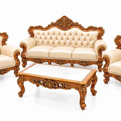 Regent Imperial Rococo Gilded Tufted Leatherette Living Suite – Antique Gold & Cream