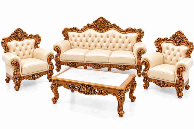 Regent Imperial Rococo Gilded Tufted Leatherette Living Suite – Antique Gold & Cream
