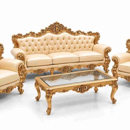 Regent Imperial Rococo Gilded Tufted Leatherette Living Suite – Champagne Gold & Ivory Cream