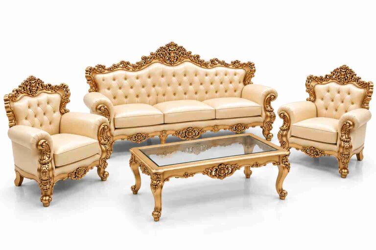 Regent Imperial Rococo Gilded Tufted Leatherette Living Suite – Champagne Gold & Ivory Cream
