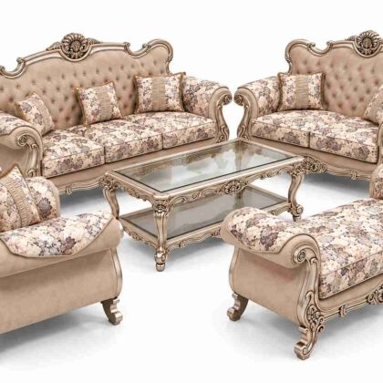 Regent Imperial Rococo Silver Champagne Salon Suite with Chaise Lounge – Metallic Silver & Taupe Floral