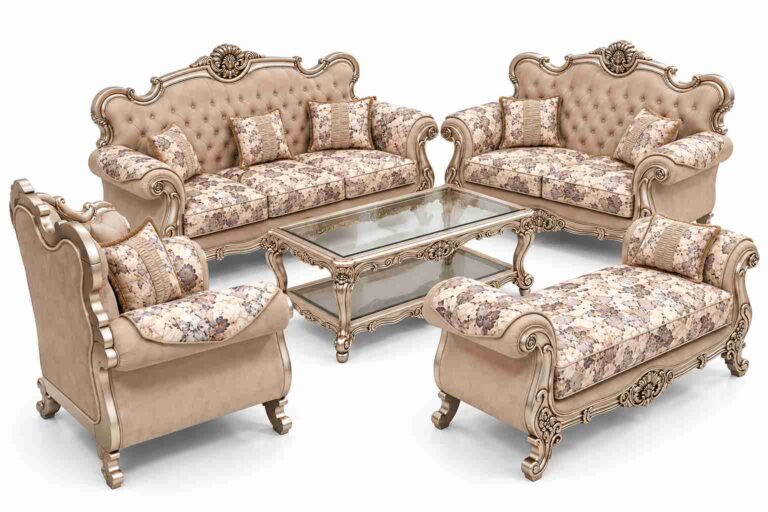 Regent Imperial Rococo Silver Champagne Salon Suite with Chaise Lounge – Metallic Silver & Taupe Floral