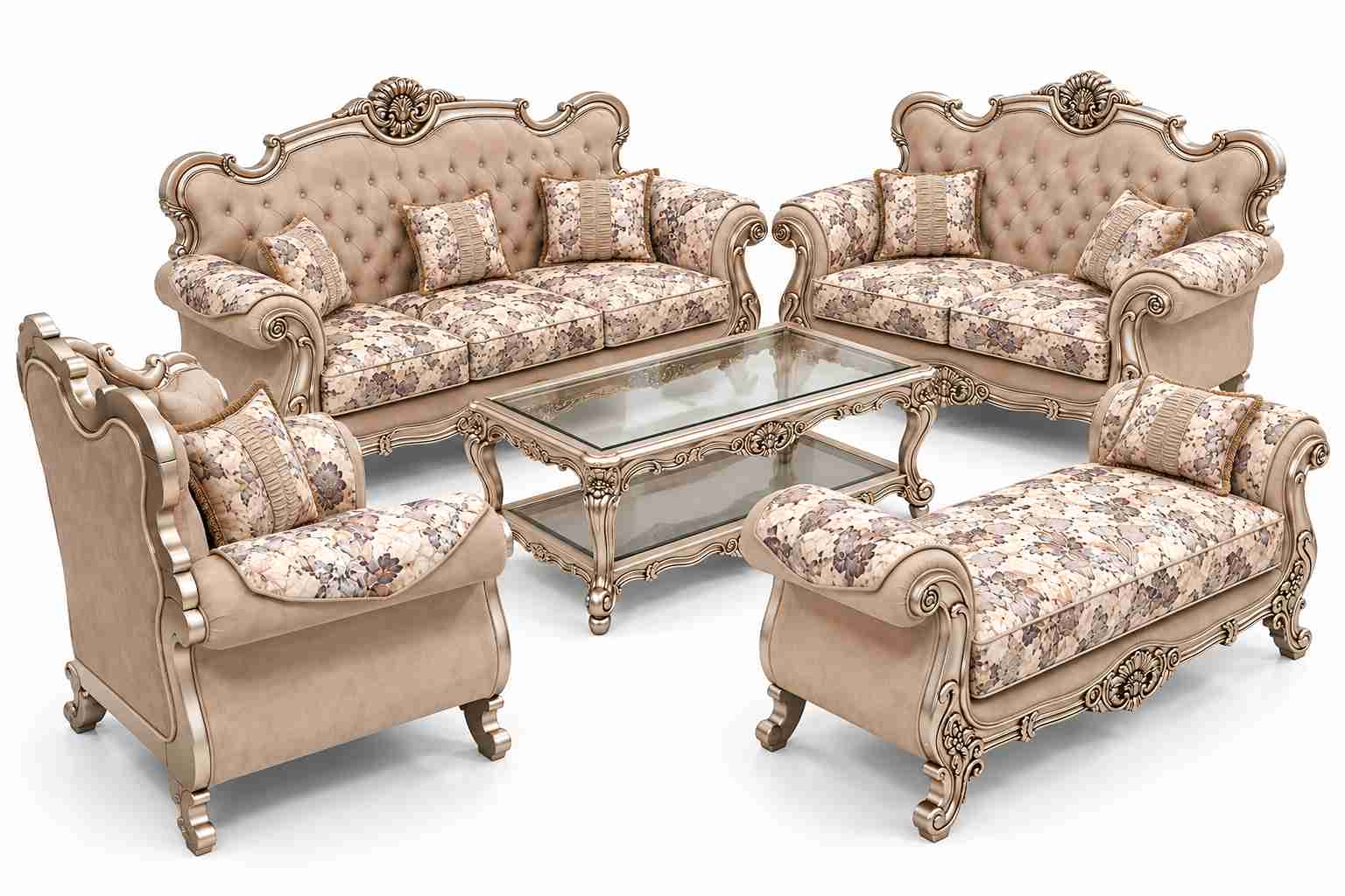 Regent Imperial Rococo Silver Champagne Salon Suite with Chaise Lounge – Metallic Silver & Taupe Floral