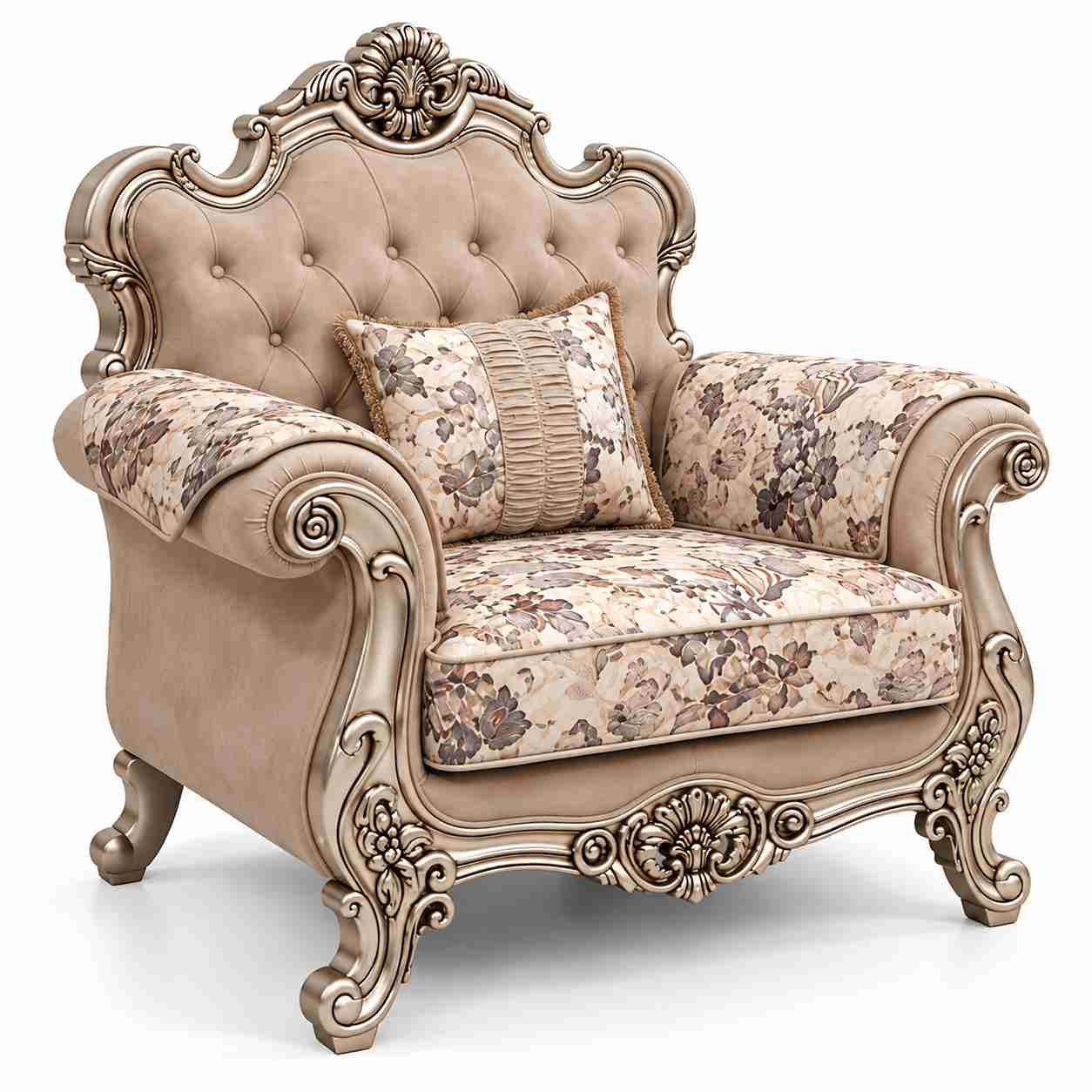 Regent Imperial Rococo Silver Champagne Salon Suite with Chaise Lounge – Metallic Silver & Taupe Floral - Image 2