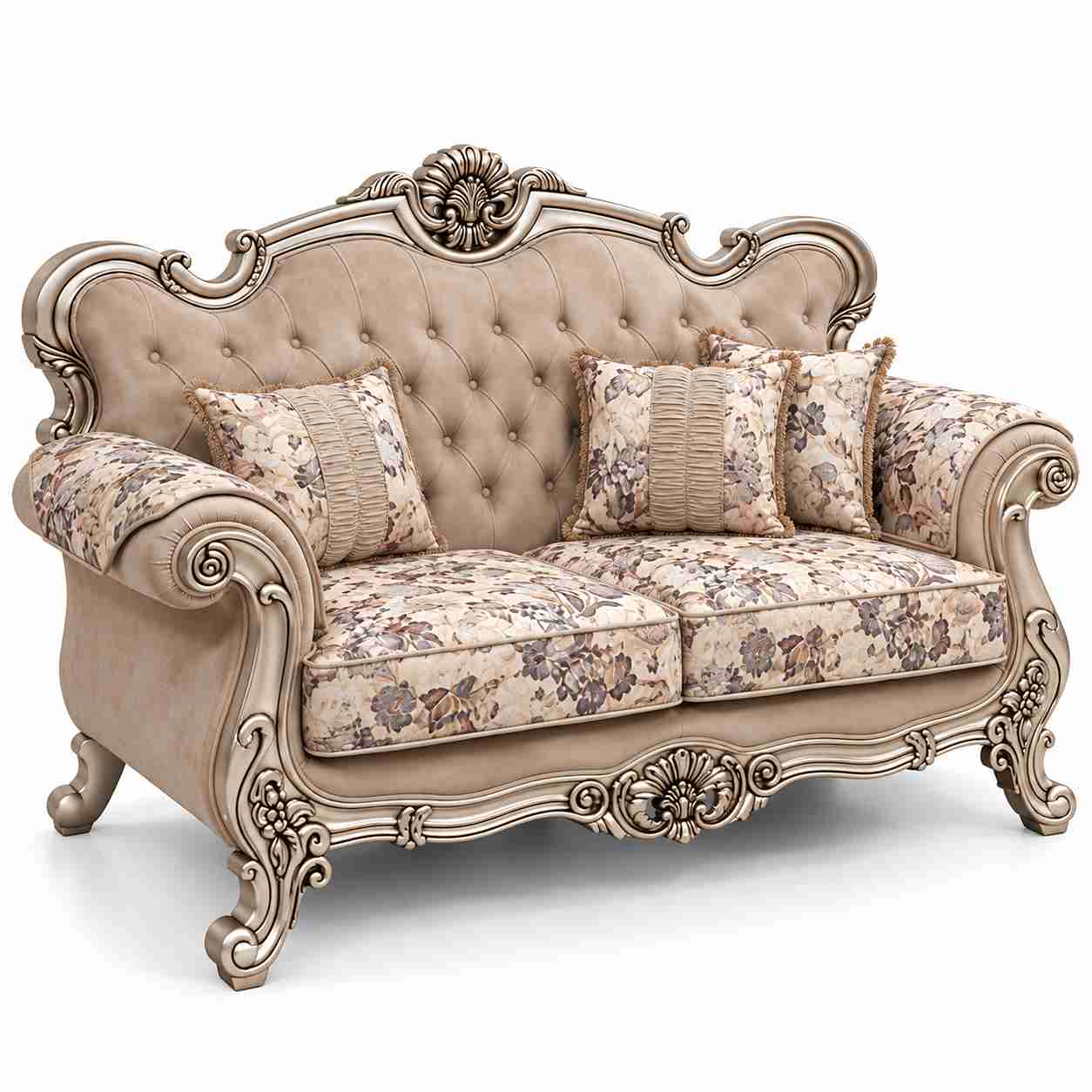 Regent Imperial Rococo Silver Champagne Salon Suite with Chaise Lounge – Metallic Silver & Taupe Floral - Image 4