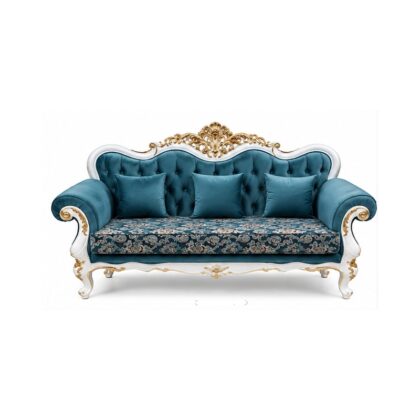 Regent Versailles French Rococo Gilded Sofa & Coffee Table Set – Pearl White & Peacock Teal