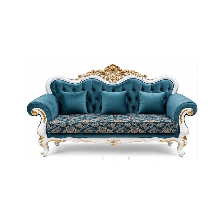 Regent Versailles French Rococo Gilded Sofa & Coffee Table Set – Pearl White & Peacock Teal