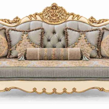 Regent Versailles French Rococo Gilded Salon Sofa – Off-White, Gold & Slate Blue
