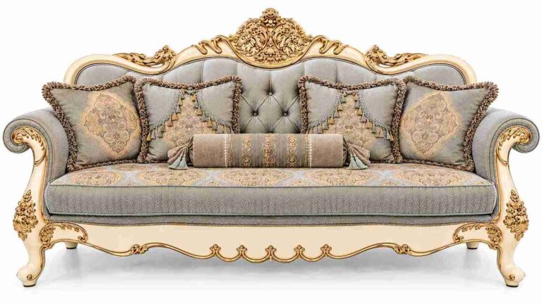 Regent Versailles French Rococo Gilded Salon Sofa – Off-White, Gold & Slate Blue