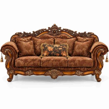 Regent Imperial Victorian Hand-Carved Damask Sofa – Warm Chestnut & Bronze Gold