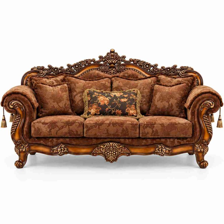 Regent Imperial Victorian Hand-Carved Damask Sofa – Warm Chestnut & Bronze Gold