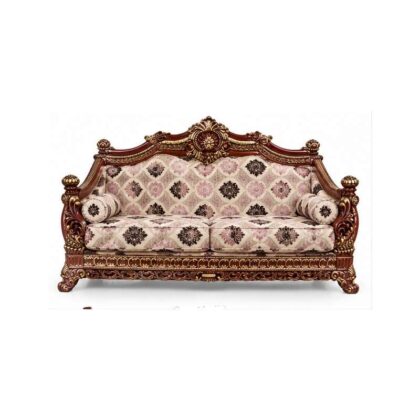 Regent Imperial Victorian Carved Solid Wood Sofa – Deep Mahogany & Plum Damask