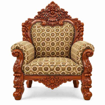 Regent Heritage Solid Wood Hand-Carved Living Room Suite – Warm Teak & Olive Gold Geometric