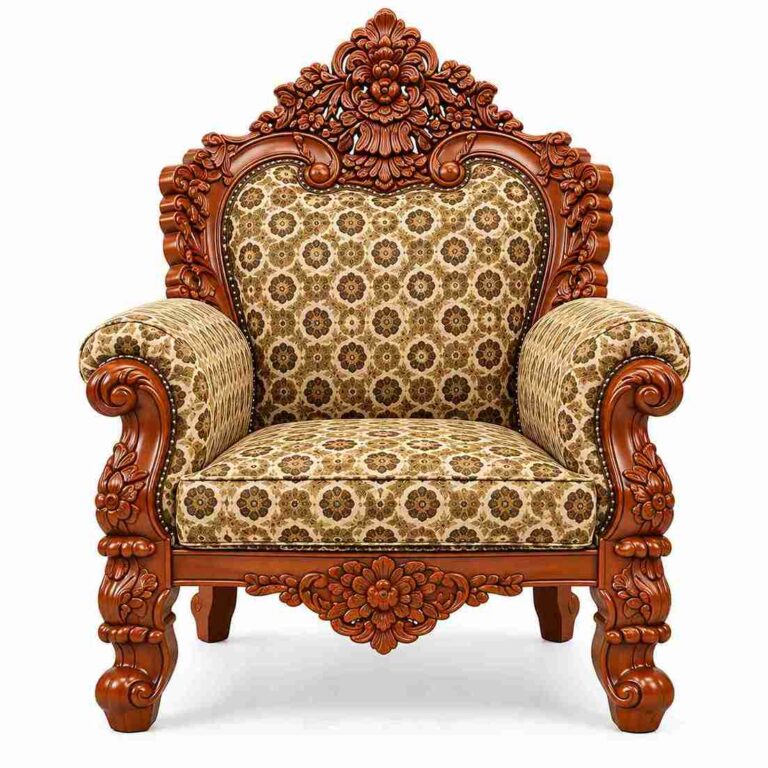 Regent Heritage Solid Wood Hand-Carved Living Room Suite – Warm Teak & Olive Gold Geometric