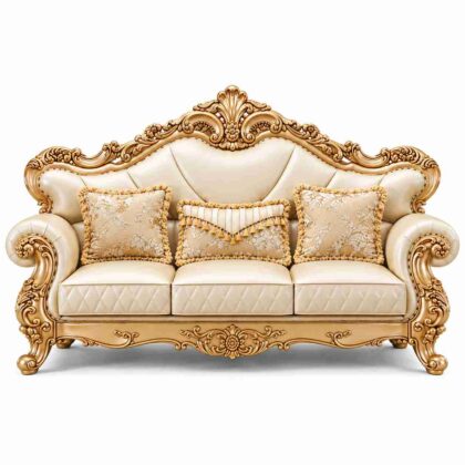 Regent Imperial Rococo Gilded Leatherette Sofa – Champagne Gold & Pearl Cream