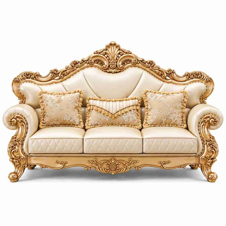 Regent Imperial Rococo Gilded Leatherette Sofa – Champagne Gold & Pearl Cream